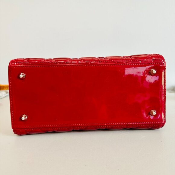 CHRISTIAN DIOR TWO-WAY LADY DIOR PATENT LEATHER TOTE SHOULDER BAG RED - Picture 8 of 16